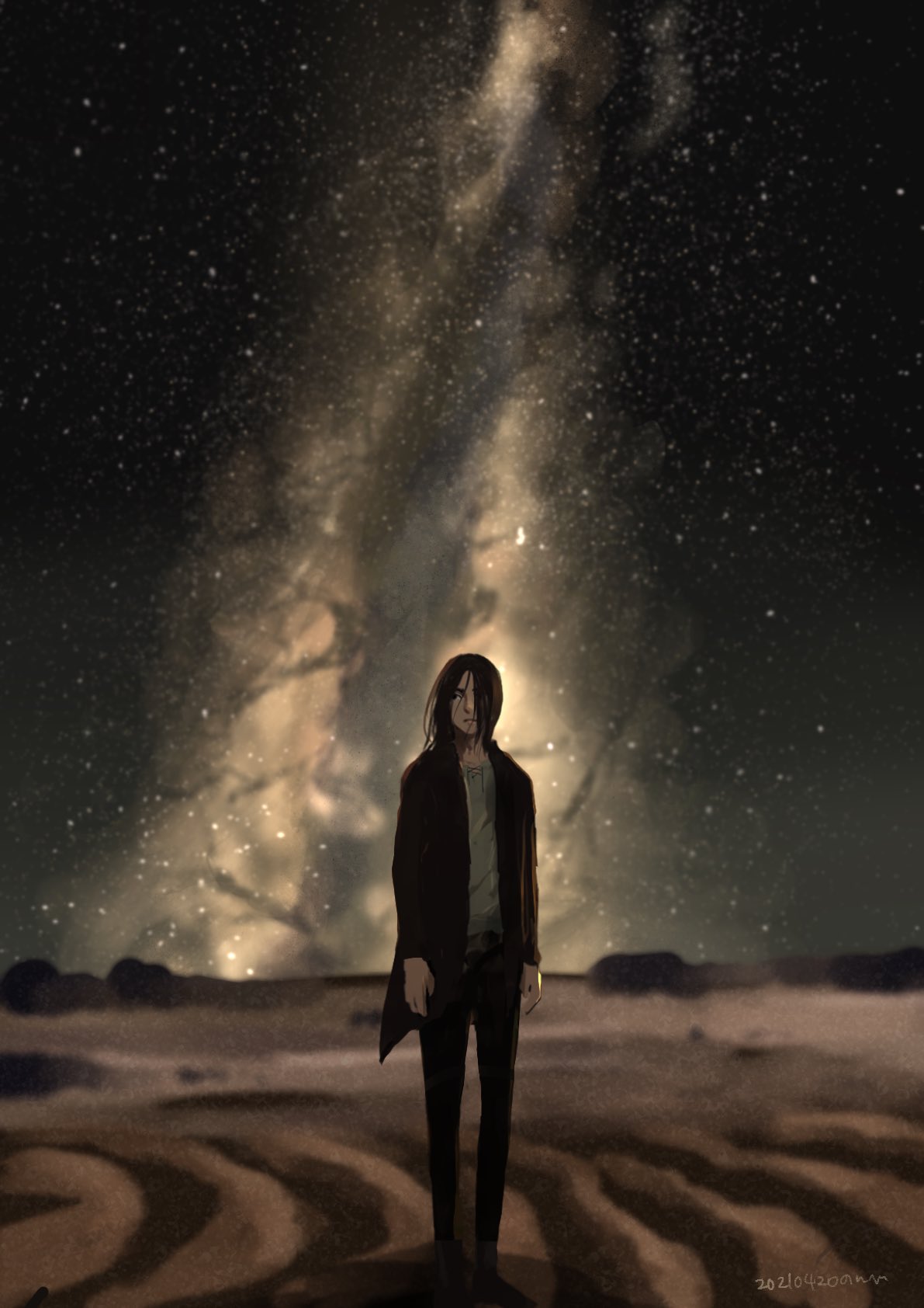 1boy, brown_hair, dessert, eren_yeager, food, full_body, hair_over_one_eye, highres, lost, male_focus, moriori1113, night, night_sky, paths_(shingeki_no_kyojin), sand, shingeki_no_kyojin, shirt, short_hair, sky, solo, standing, star_(sky), starry_sky, thick_eyebrows