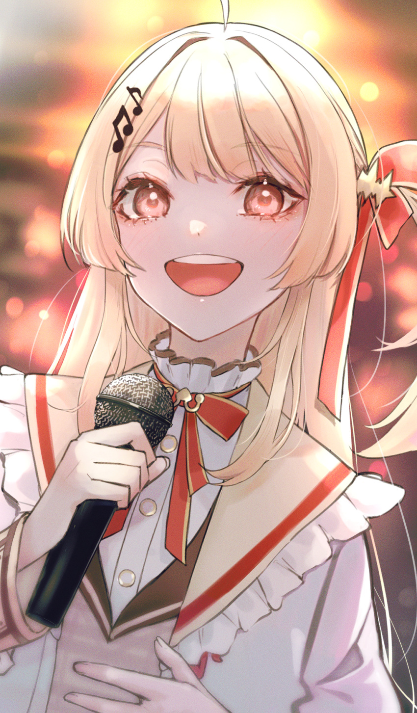 1girl, ahoge, ame_(memory_a), blonde_hair, brown_dress, dress, hair_ornament, hair_ribbon
