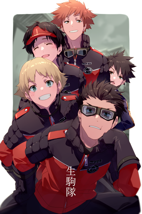 1girl, 4boys, :t, ^_^, annoyed, black_gloves, black_jacket, blonde_hair