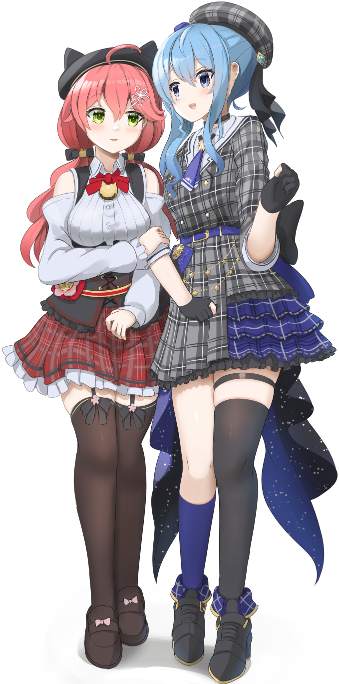ahoge, asymmetrical_legwear, belt, black_garter_straps, black_gloves, black_headwear, black_thighhighs, blue_belt