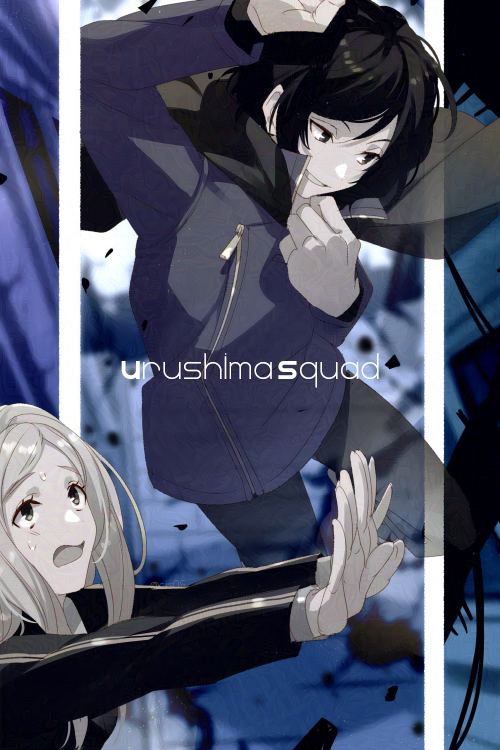 1boy, 1girl, adjusting_clothes, blue_background, blurry, blurry_background, cloak, debris