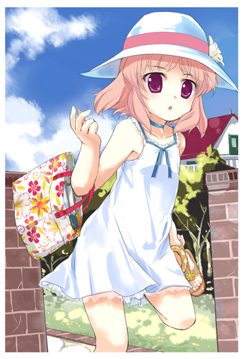 bag, dress, fubuki_(baby_princess), hat, lowres, pink_hair, purple_eyes, sandals