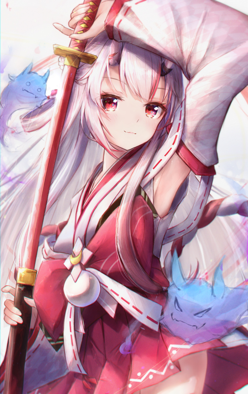1girl, absurdres, arm_up, blush, detached_sleeves, highres, holding, holding_sword