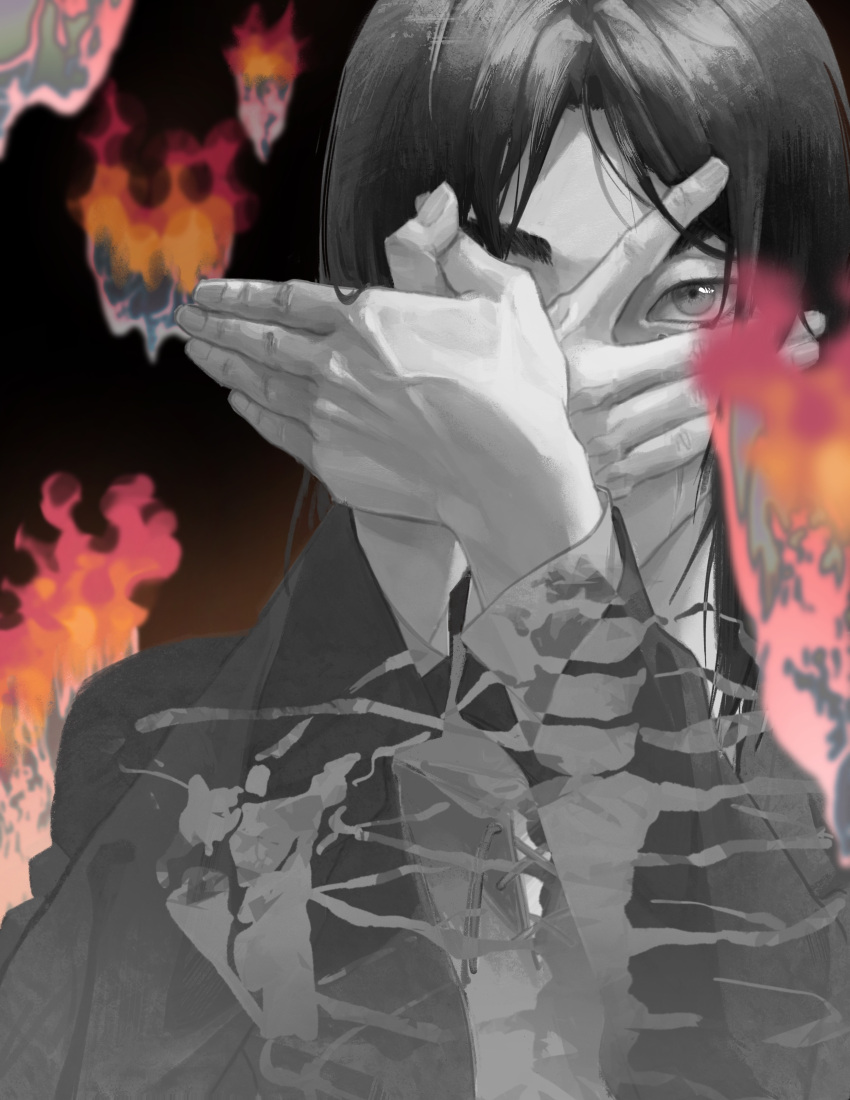 1boy, absurdres, aged_up, bird_shadow_puppet, burning, covered_mouth, eren_yeager, fingernails