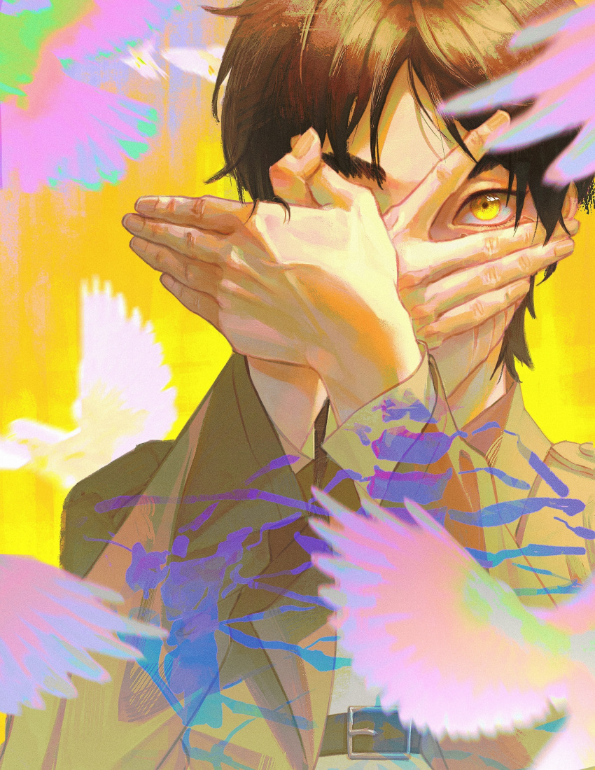 1boy, absurdres, bird_shadow_puppet, brown_jacket, covered_mouth, eren_yeager, fingernails, hand_on_own_face