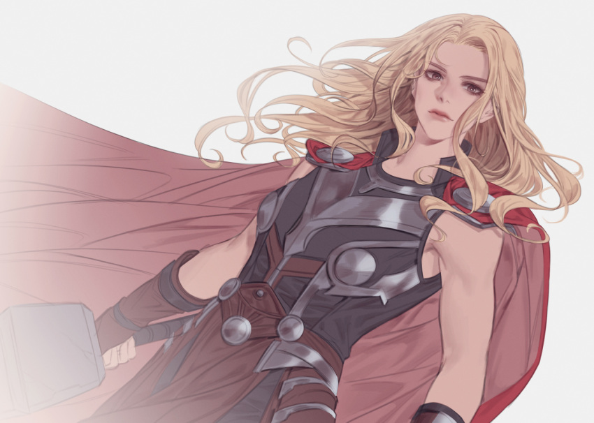 1girl, arm_armor, armor, black_bodysuit, blonde_hair, bodysuit, breasts, brown_eyes