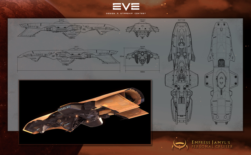 3d, amarr_empire_(eve_online), beam_cannon, blueprint_(medium), cannon, commentary, concept_art, destroyer_(eve_online), emblem, energy_cannon, enterprise-e, eve_online, from_side, glowing, highres, laser_cannon, logo, military_vehicle, multiple_views, nebula, no_humans, original, outdoors, planet, realistic, reference_sheet, science_fiction, sky, space, spacecraft, star_(sky), starry_sky, thrusters, turret, vehicle_focus