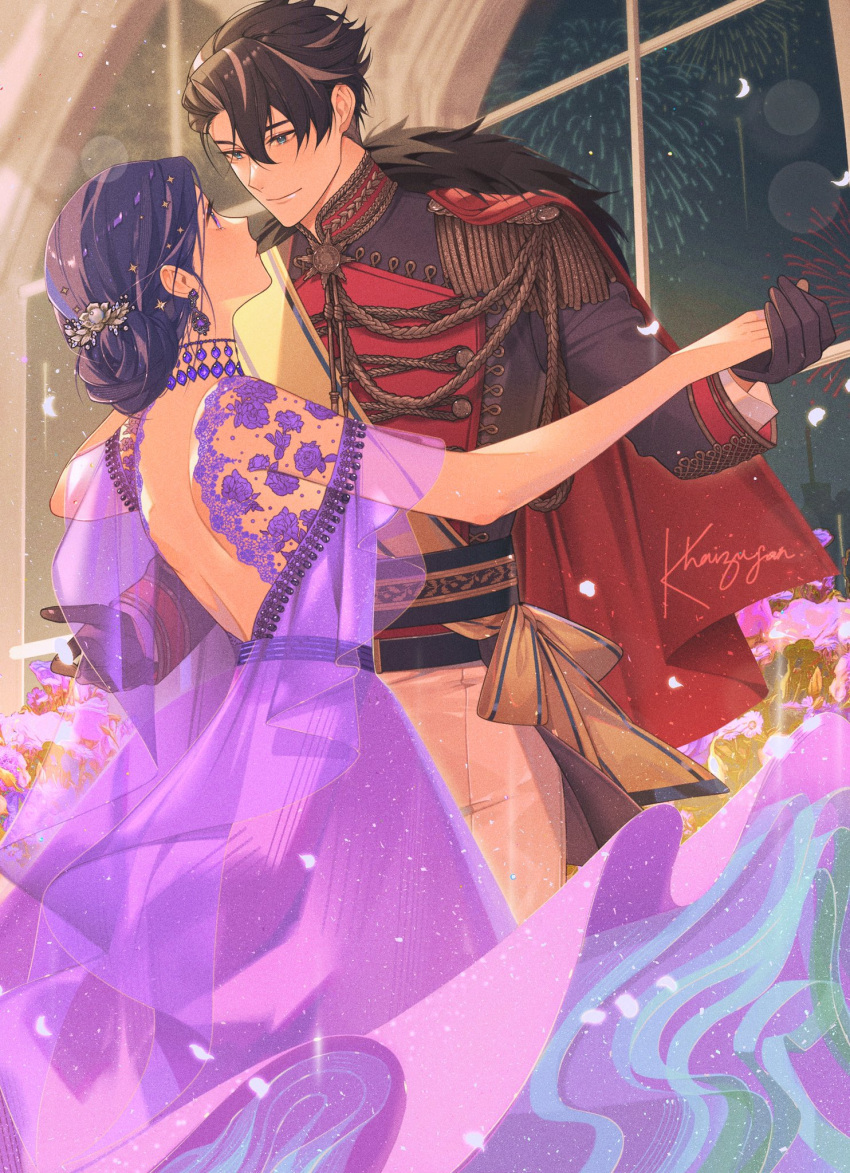 1boy, 1girl, alternate_costume, asymmetrical_bangs, back, backless_dress, backless_outfit, black_jacket, blue_eyes, braid, braided_bun, brown_hair, cape, clorinde_(genshin_impact), closed_mouth, dancing, dress, earrings, epaulettes, face-to-face, film_grain, fireworks, flower, formal, gem, genshin_impact, hair_bun, hair_ornament, hair_stick, highres, holding_hands, indoors, jacket, jewelry, khaizusan, light_particles, looking_at_another, military_jacket, necklace, night, night_sky, pants, purple_dress, purple_flower, purple_gemstone, purple_rose, red_cape, rose, signature, sky, violet_eyes, waltz_(dance), white_pants, wriothesley_(genshin_impact)