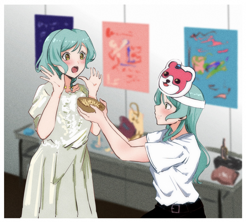 2girls, absurdres, aqua_hair, bang_dream!, blurry, blurry_background, blush, bowl