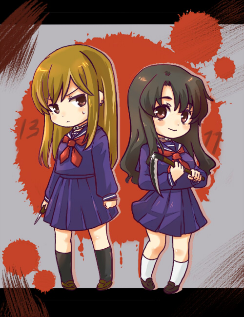 2girls, battle_royale, black_hair, blonde_hair, blue_serafuku, multiple_girls, nori_senbei, school_uniform