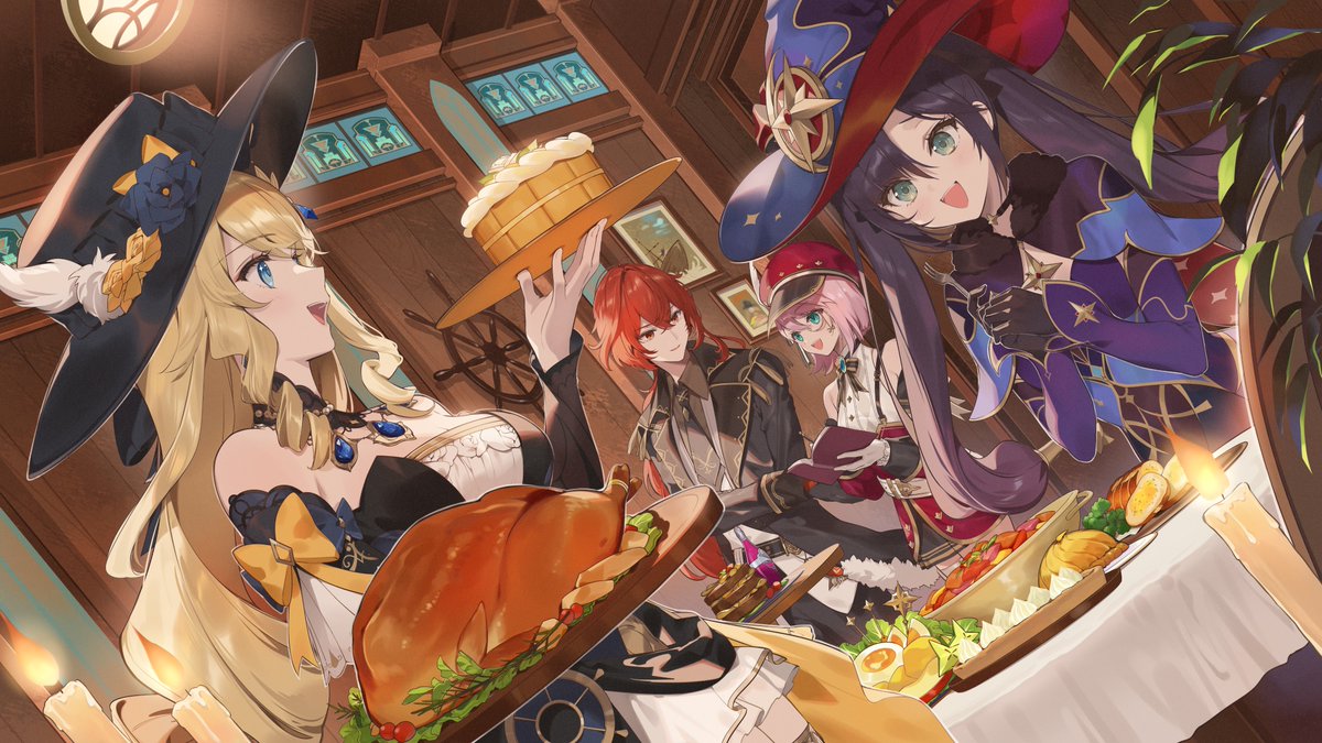 1boy, 3girls, black_hair, blonde_hair, blue_eyes, bodice, breasts, charlotte_(genshin_impact)