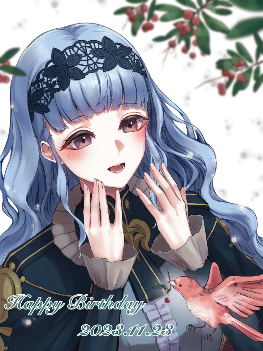 1girl, absurdres, bird, birthday, blue_hair, blunt_bangs, blush, breasts