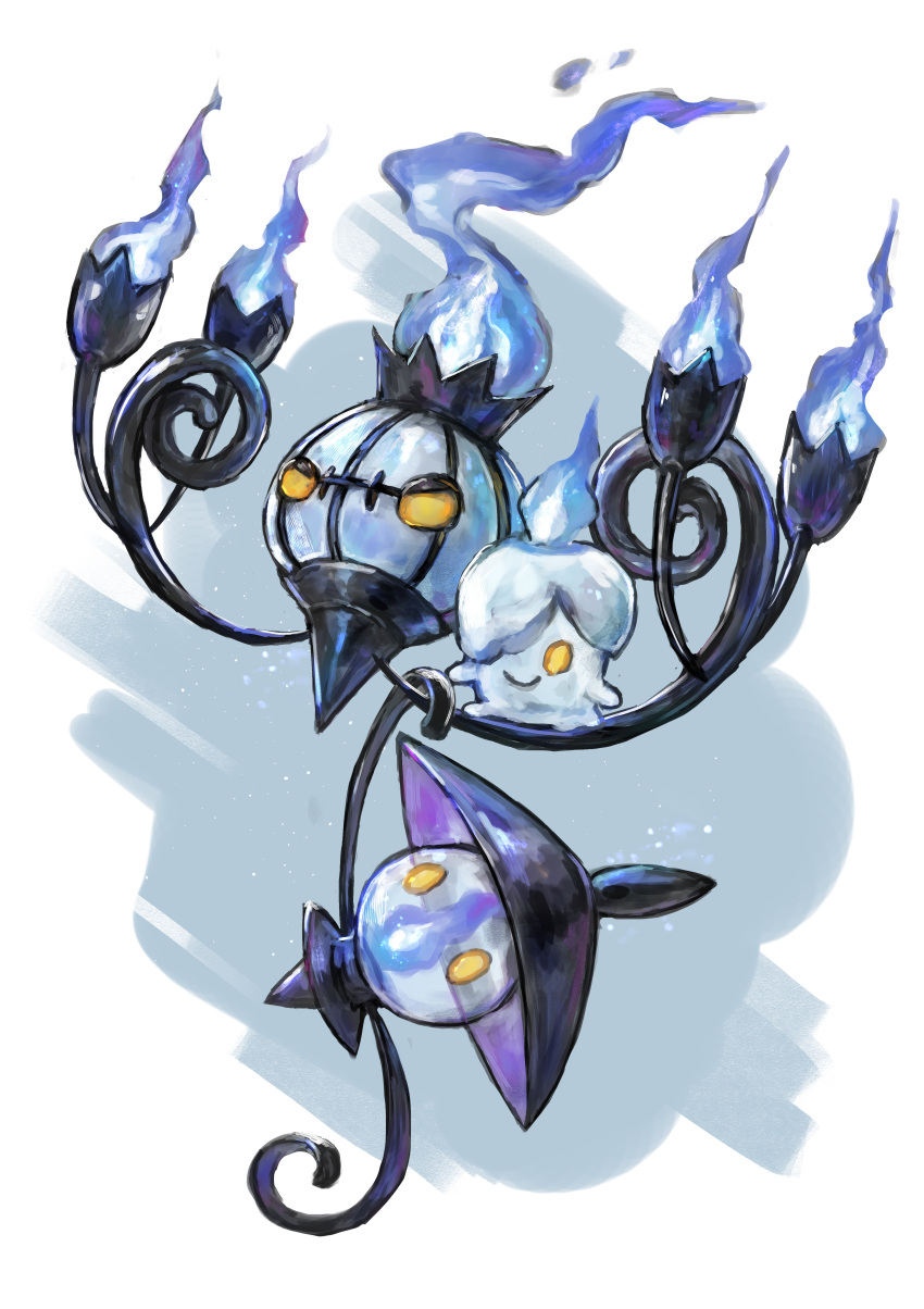 absurdres, blue_fire, chandelier, chandelure, closed_mouth, commentary_request, evolutionary_line, fire