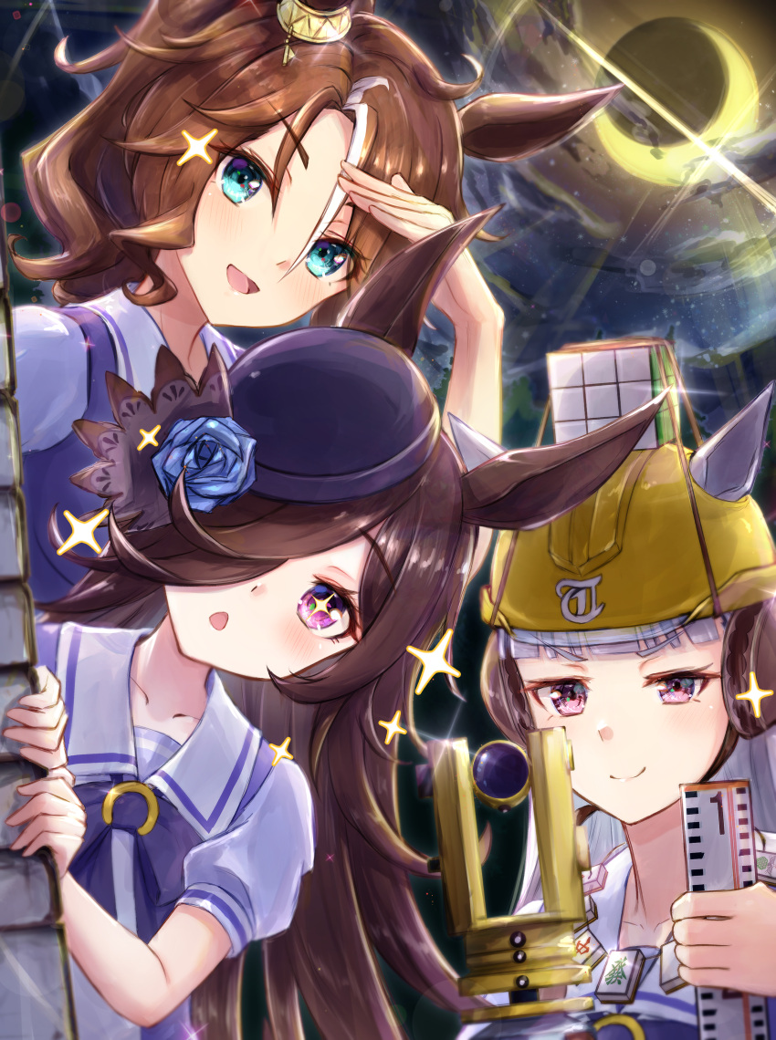+_+, 3girls, absurdres, black_hair, blue_eyes, blush, closed_mouth, commentary_request