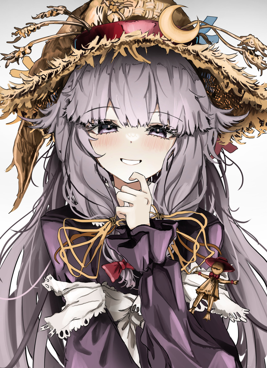 1girl, absurdres, blush, brown_headwear, cosplay, crescent, crescent_hat_ornament, dress