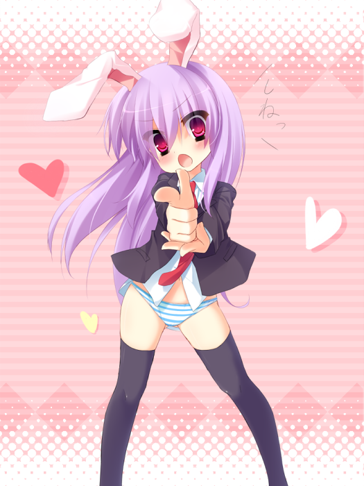 black_legwear, black_thighhighs, blazer, bottomless, bunny_ears, heart, long_hair, necktie