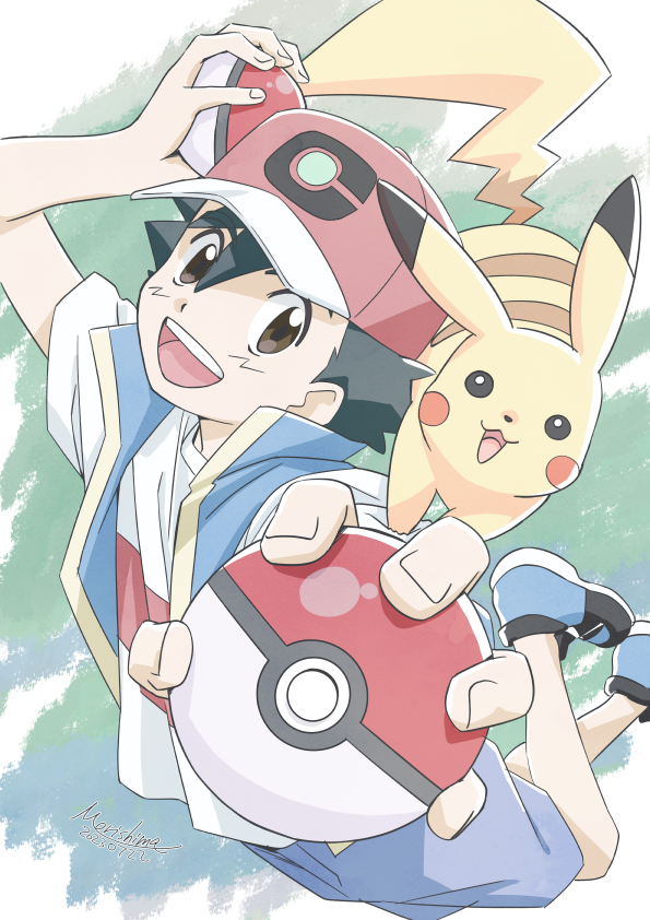 1boy, :d, ash_ketchum, black_hair, blue_footwear, blue_vest, brown_eyes, commentary_request