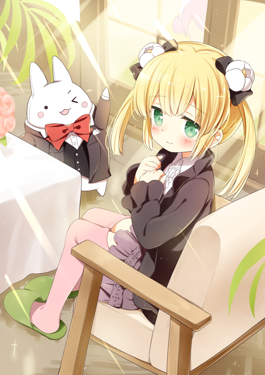 2girls, anne_happy, blonde_hair, blush, chair, frilled_skirt, frilled_sleeves, frills, green_eyes, green_footwear, highres, ichiyo12, indoors, kneehighs, leaf, light_rays, multiple_girls, pink_socks, red_ribbon, ribbon, sayama_tsubaki, short_hair, sidelocks, sitting, skirt, smile, socks, table, tablecloth
