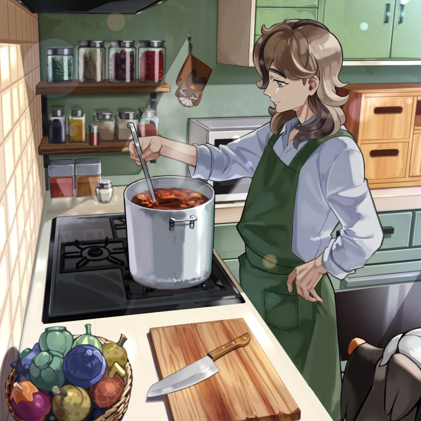1boy, alternate_costume, apron, arven_(pokemon), basket, blonde_hair, closed_mouth, commentary_request, cooking, cooking_pot, cupboard, cutting_board, green_apron, green_eyes, hand_on_own_hip, highres, holding, indoors, jar, kitchen, knife, kyu_(kemon_19), long_hair, looking_down, mabosstiff, male_focus, microwave, pokemon, pokemon_(creature), pokemon_sv, shelf, shirt, steam, stove