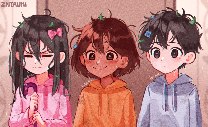 1girl, 2boys, aubrey_(faraway)_(omori), aubrey_(omori), black_eyes, black_hair, bow, brown_eyes