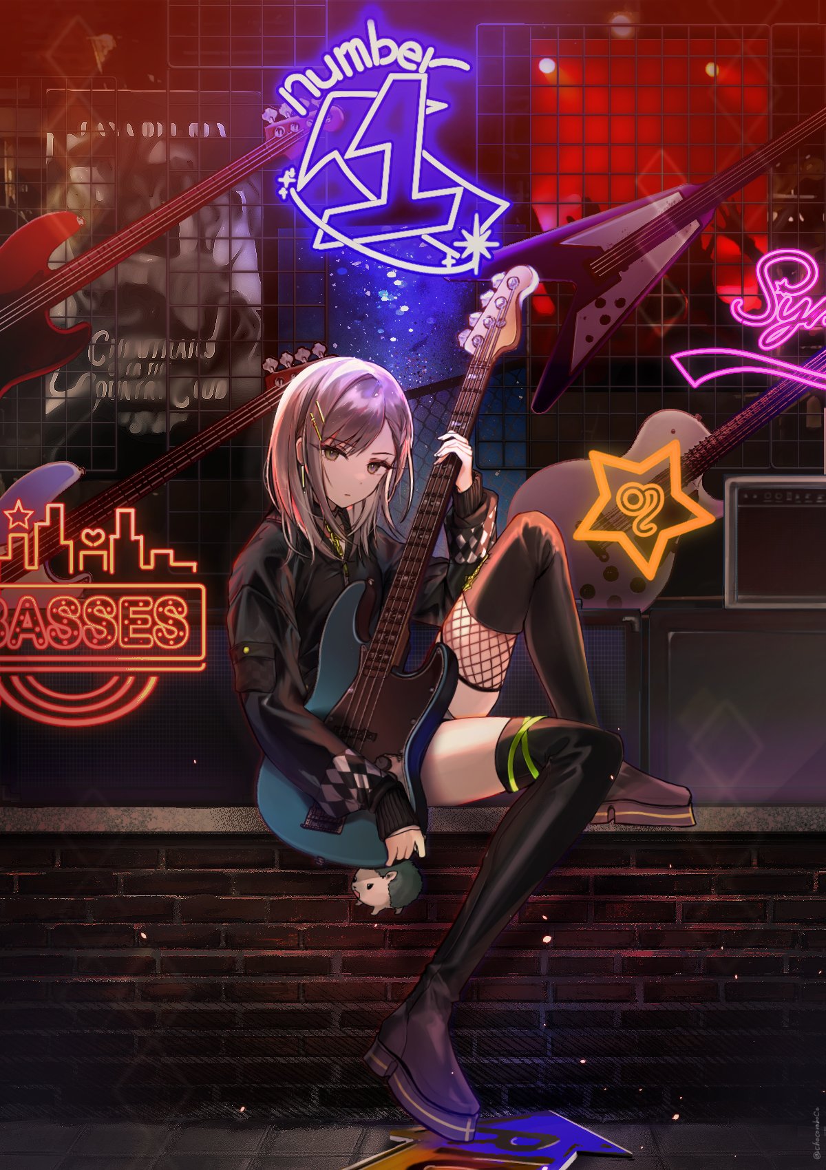 1girl, amplifier, asymmetrical_footwear, bass_guitar, black_jacket, boots, brick_wall, chocoroboco