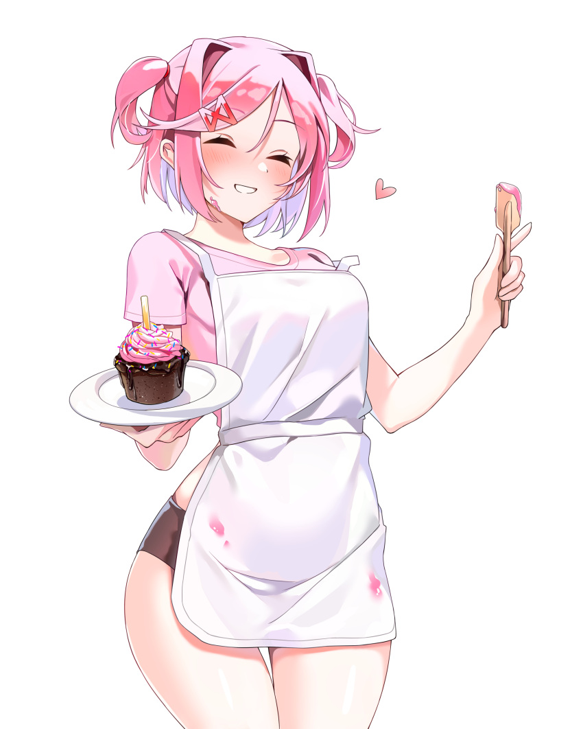 1girl, absurdres, apron, bare_legs, black_shorts, blush, breasts, chocolate