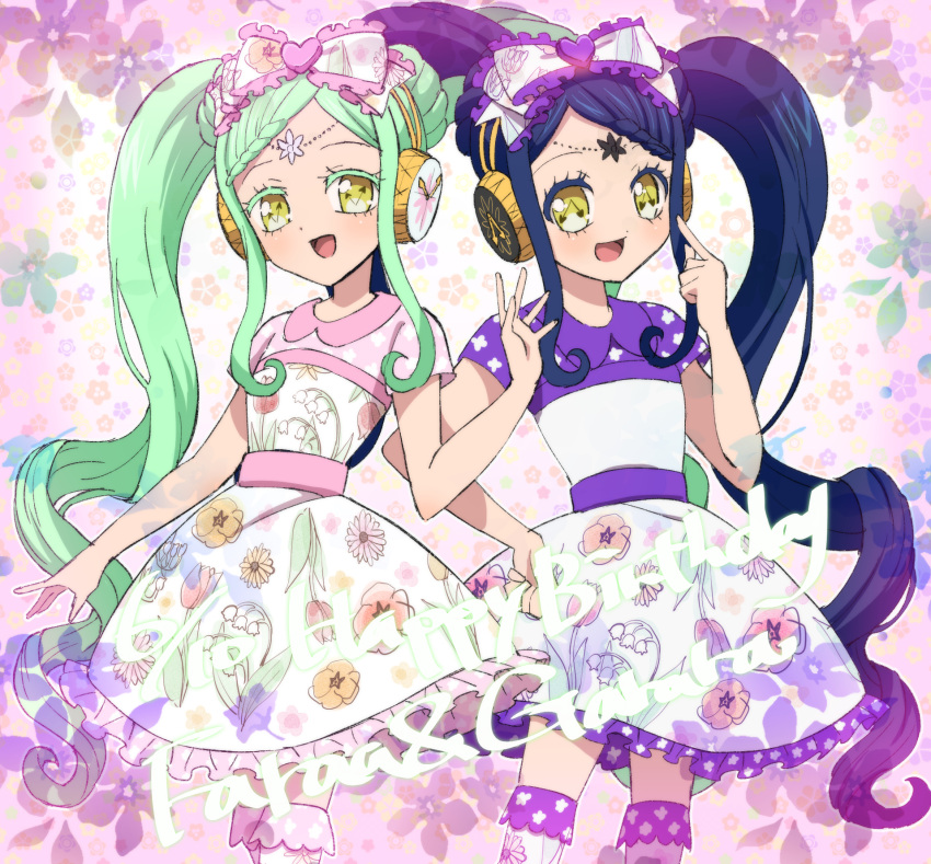 2girls, :d, blue_hair, bow, braid, braided_bangs, character_name, commentary_request