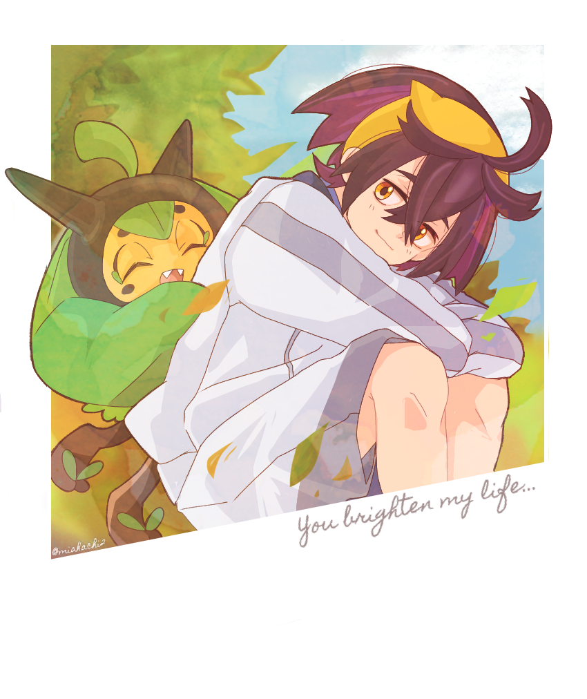1boy, border, closed_mouth, colored_inner_hair, commentary_request, crossed_bangs, english_text, hair_between_eyes, hairband, jacket, kieran_(pokemon), knees, looking_to_the_side, male_focus, miahachi, multicolored_hair, ogerpon, pokemon, pokemon_(creature), pokemon_sv, short_hair, shorts, smile, white_border, white_jacket, white_shorts, yellow_hairband