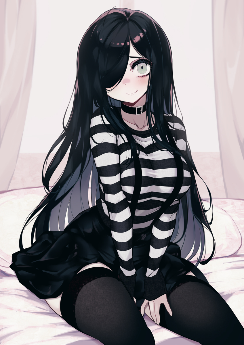 1girl, aria_wintermint, black_choker, black_hair, black_skirt, blush, choker, english_commentary, gothic, green_eyes, hair_over_one_eye, halloween, highres, long_hair, long_sleeves, looking_at_viewer, on_bed, original, parororo, shirt, sitting, skindentation, skirt, smile, striped, striped_shirt, suspenders, thigh-highs
