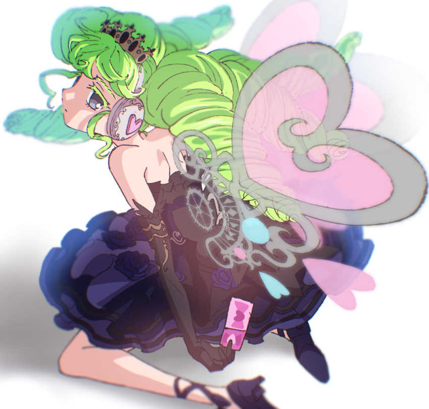 1girl, bare_shoulders, black_dress, black_footwear, black_gloves, closed_mouth, colored_eyelashes, commentary_request
