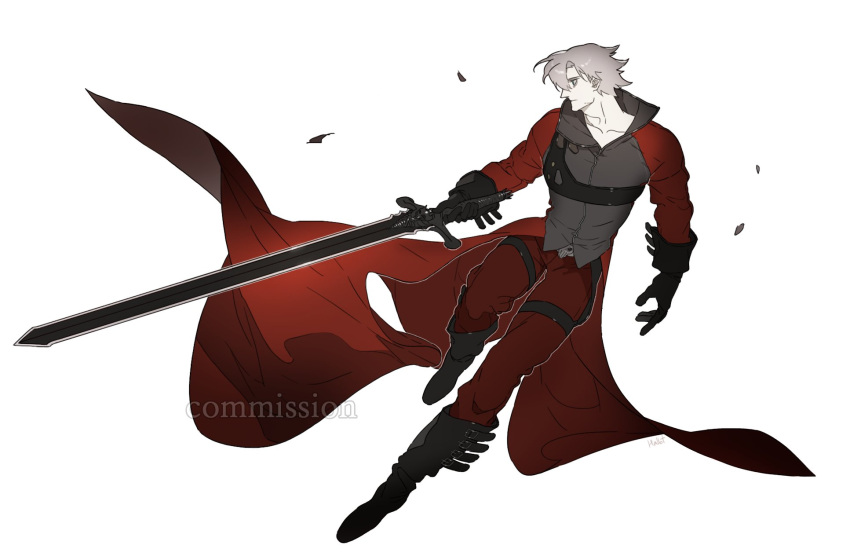1boy, black_gloves, blue_eyes, dante_(devil_may_cry), devil_may_cry_(series), devil_may_cry_2, gloves, hair_over_one_eye