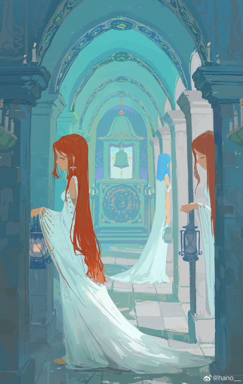 3girls, absurdres, artist_name, barefoot, bell, blue_hair, brown_hair, candle