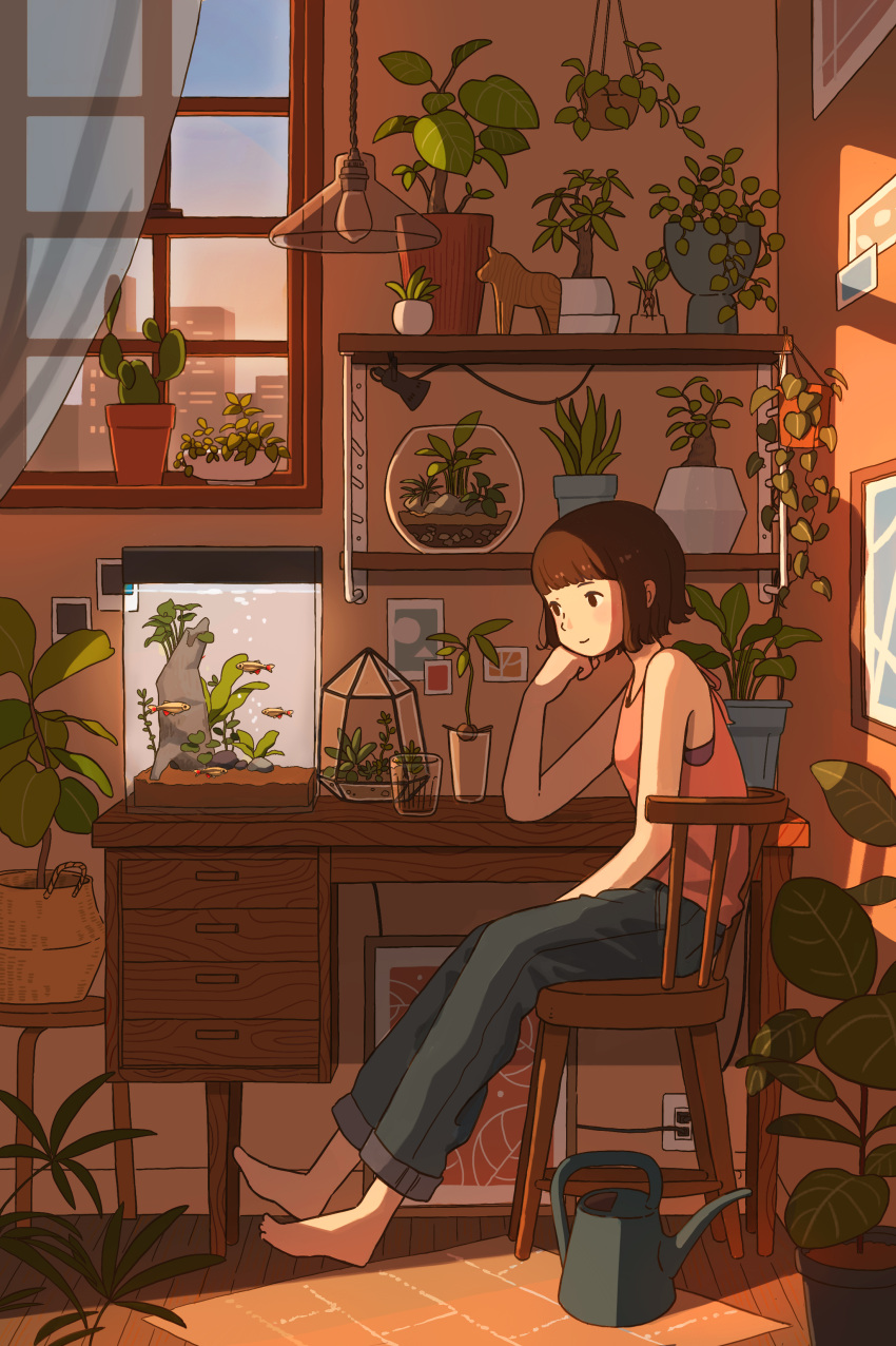 1girl, absurdres, aquarium, barefoot, basket, blue_pants, blunt_bangs, blush