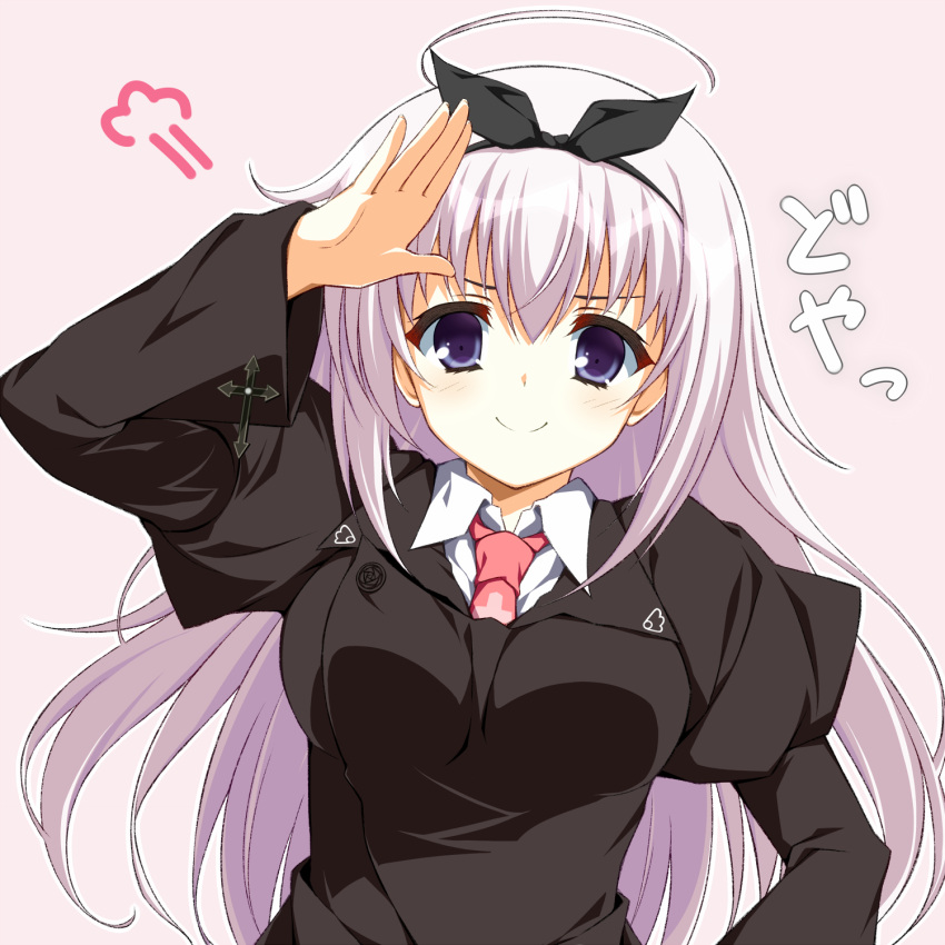>:), 1girl, =3, ahoge, asagi_nanami, black_jacket, black_ribbon, blue_eyes