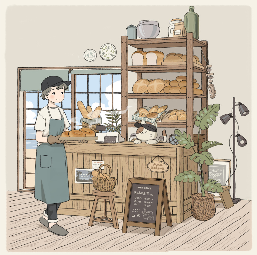 1boy, :3, absurdres, bag, bagel, baguette, bakery, baseball_cap
