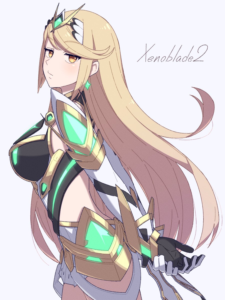 1girl, arms_behind_back, blonde_hair, breasts, commentary, gloves, highres, hinoyama_kou, large_breasts, long_hair, looking_at_viewer, mythra_(xenoblade), solo, white_background, white_gloves, xenoblade_chronicles_(series), xenoblade_chronicles_2