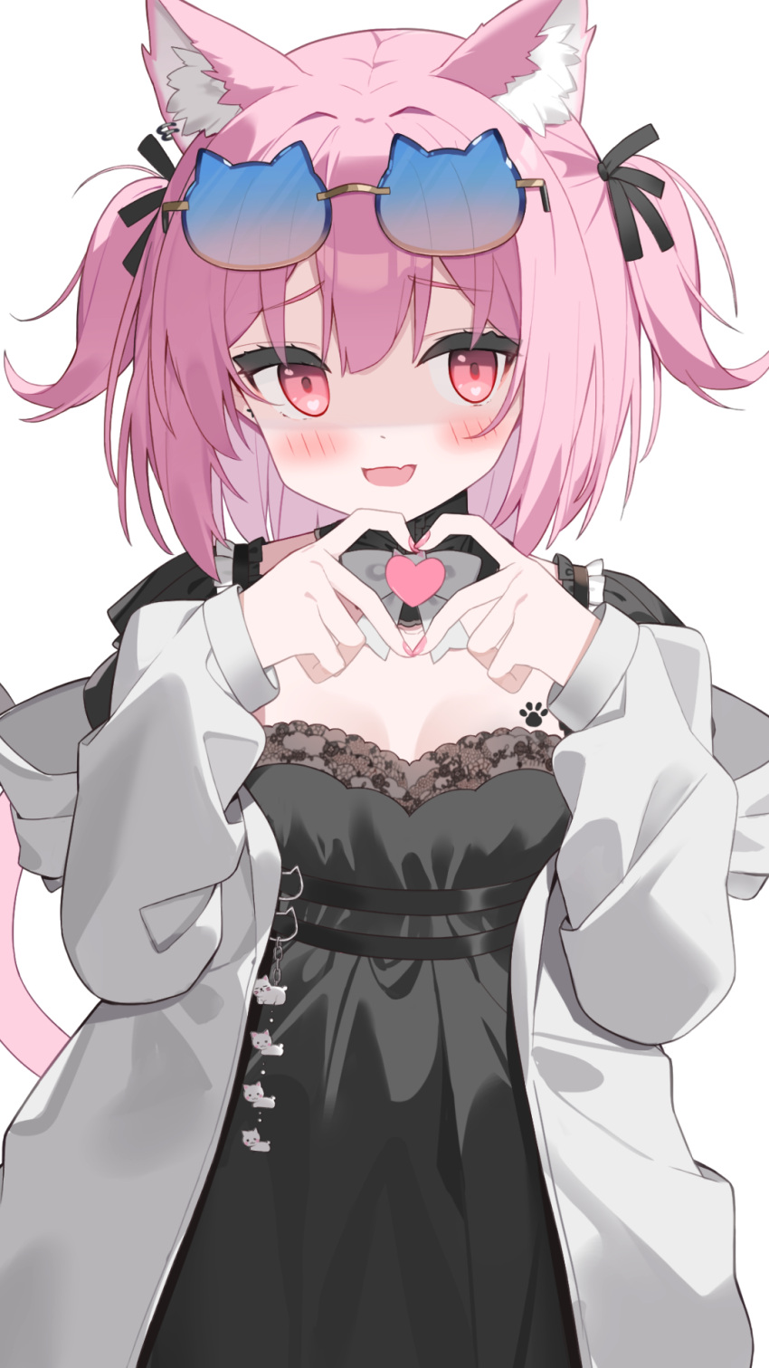 1girl, :d, animal_ears, black_dress, breasts, cat-shaped_eyewear, cat_ears, cat_girl