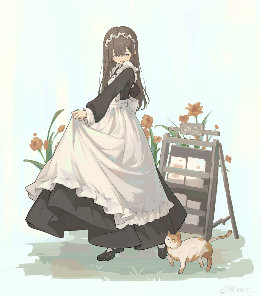 1girl, absurdres, apron, black_footwear, brown_eyes, brown_hair, cat, flower