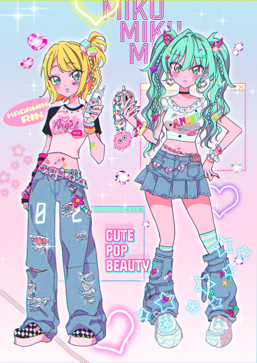 alternate_costume, aqua_hair, bare_arms, belt, belt_buckle, black_choker, black_nails, black_sleeves