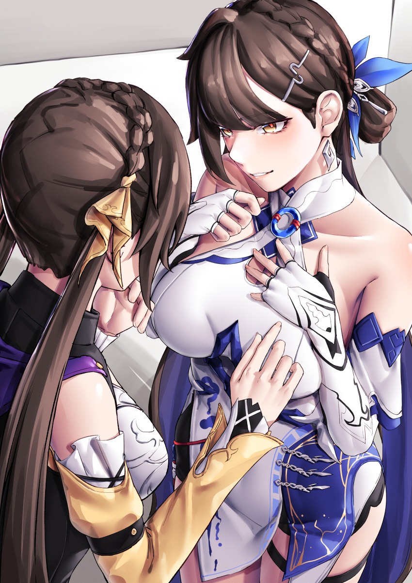 2girls, absurdres, bare_shoulders, braid, breasts, brown_eyes, brown_hair, china_dress