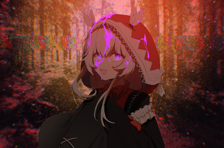 1girl, black_dress, dress, feathers, forest, glowing, glowing_eyes, grey_hair, grey_theme, highres, hood, hoodie, nature, no.21:_xxi_(red_hoodie)_(punishing:_gray_raven), no.21_(punishing:_gray_raven), open_mouth, punishing:_gray_raven, purple_liquid, red_hoodie, scrunchie, short_hair_with_long_locks, sidelocks, sleeves_past_fingers, sleeves_past_wrists, solo, tree, violet_eyes, white_scrunchie, zhou_huan_(dgpe2833)