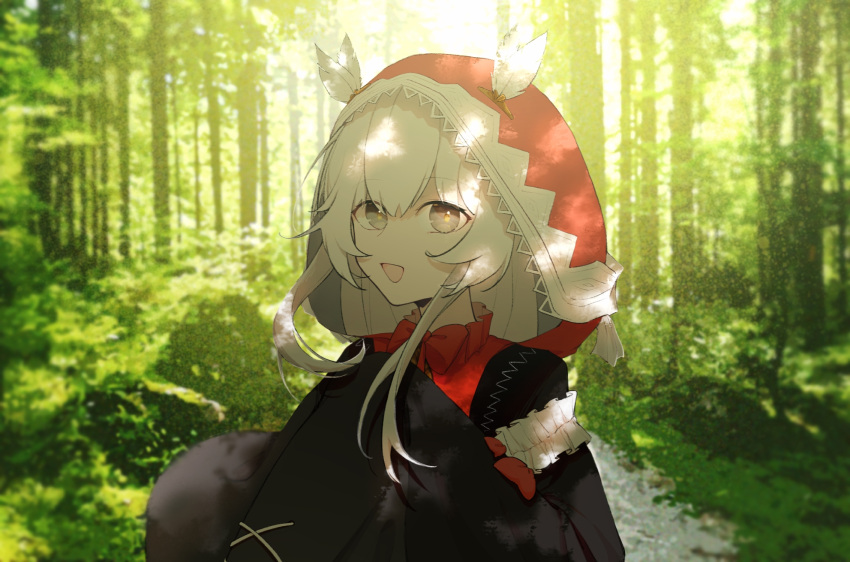 1boy, black_dress, dress, feathers, forest, grey_eyes, grey_hair, hair_between_eyes