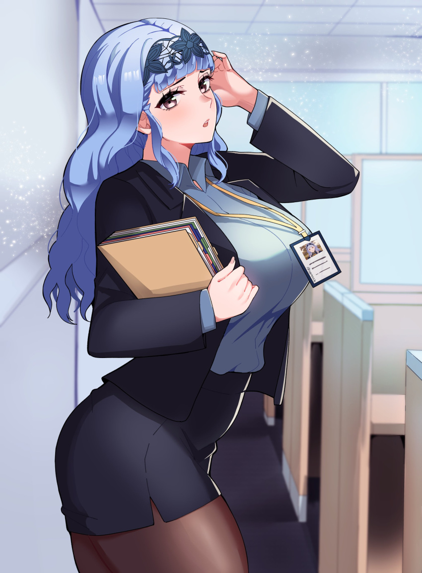 1girl, absurdres, adjusting_hair, alternate_costume, blue_hair, breasts, brown_hair, ceroccb, collared_shirt, fire_emblem, fire_emblem:_three_houses, fire_emblem_warriors:_three_hopes, folder, hairband, highres, holding, holding_folder, large_breasts, long_hair, looking_at_viewer, marianne_von_edmund, name_tag, office, official_alternate_hairstyle, pantyhose, parted_lips, pencil_skirt, shirt, skirt, solo