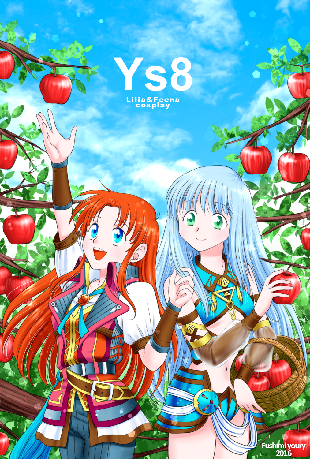 2girls, adol_christin, adol_christin_(cosplay), ancient_ys_vanished, apple, apple_tree, basket, blue_eyes, blue_hair, character_name, copyright_name, cosplay, dana_(ys), dana_(ys)_(cosplay), detached_sleeves, feena_(ys), food, fruit, fushimi_yuuri, green_eyes, highres, holding, holding_food, holding_fruit, lilia_(ys), long_hair, multiple_girls, navel, neck_ribbon, open_mouth, outstretched_arm, picking_fruit, reaching, red_apple, redhead, ribbon, sky, smile, tree, ys, ys_viii_lacrimosa_of_dana