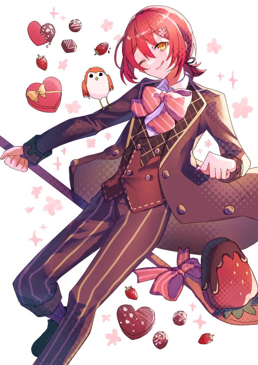 0_sakana_san, 1boy, absurdres, bow, bowtie, box, box_of_chocolates, cherry_blossoms