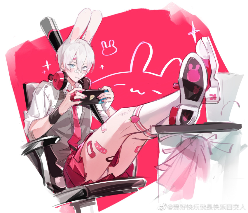 1boy, animal_ears, bandage_on_face, bandage_on_leg, bandages, baseball_bat, blue_eyes, crossdressing