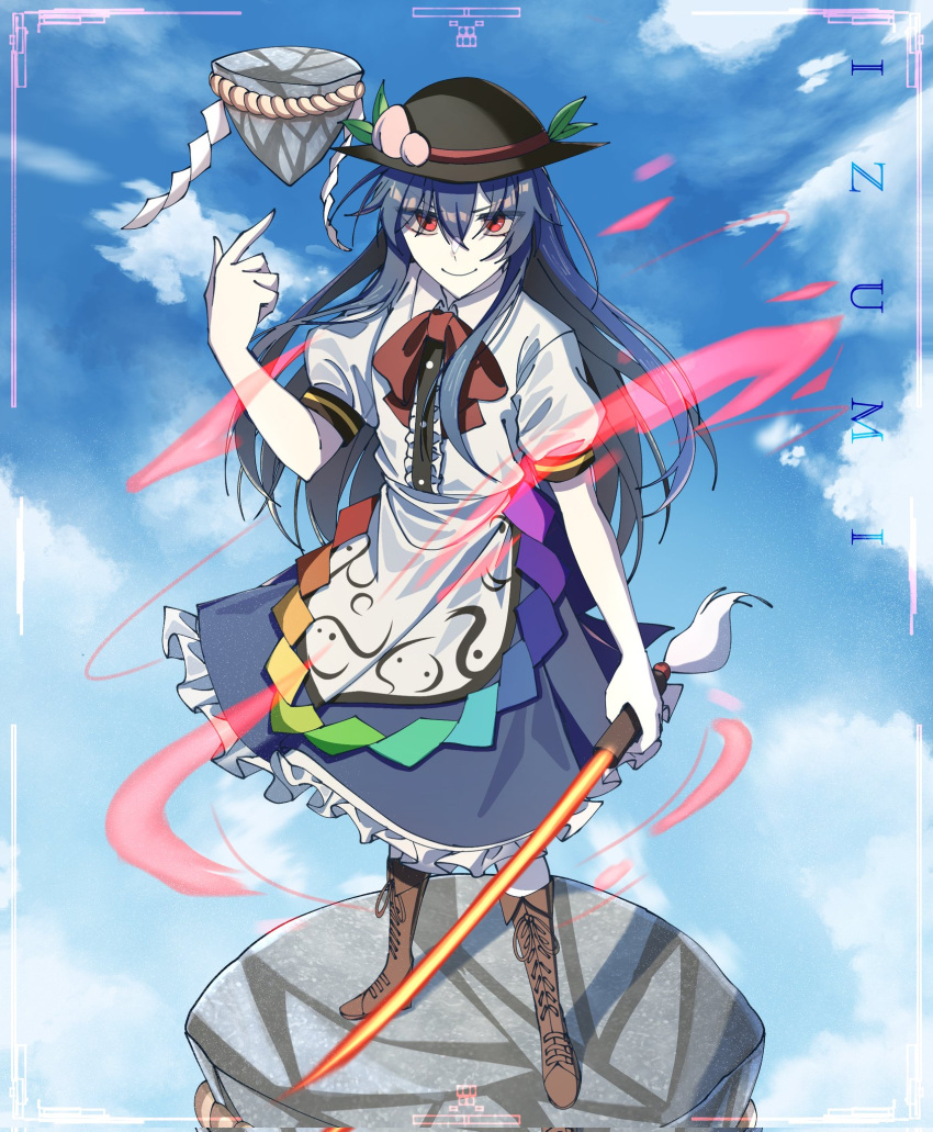 1girl, artist_name, black_headwear, blue_skirt, blue_sky, bow, bowtie, brown_footwear