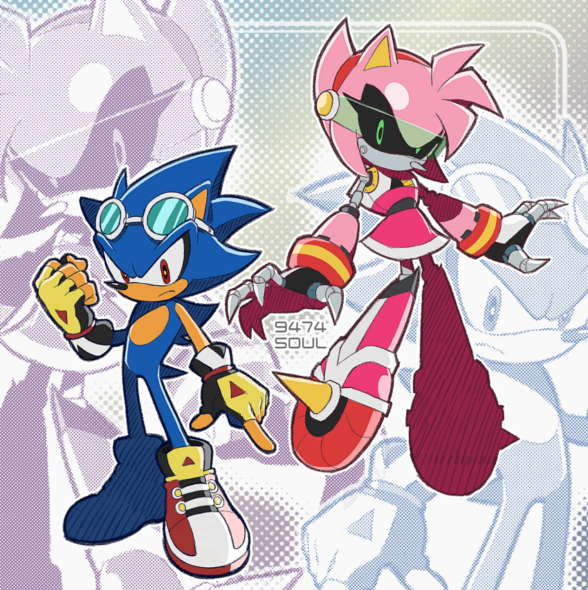 1boy, 1girl, 9474s0ul, alternate_costume, alternate_universe, amy_rose, amy_rose_(riders), animal_ears