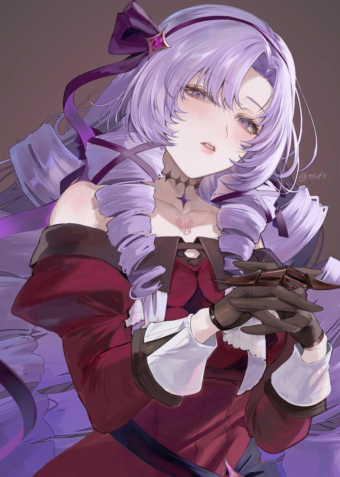 1girl, black_gloves, dress, drill_hair, finger_claws, gloves, gumo_(911tf5), headband