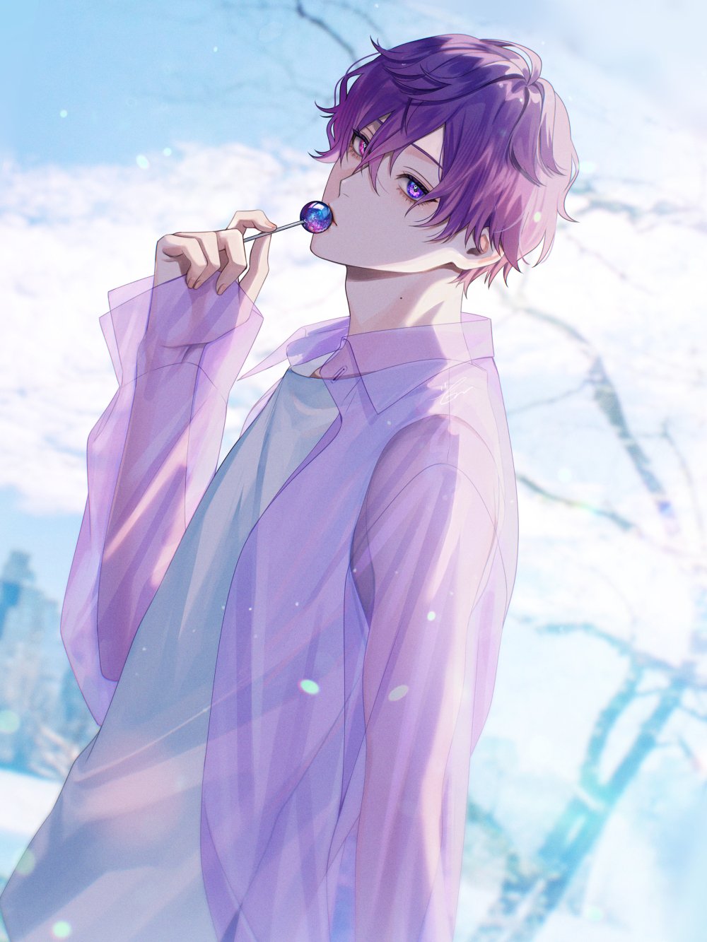 1boy, alternate_costume, candy, food, heterochromia, highres, holding, holding_candy